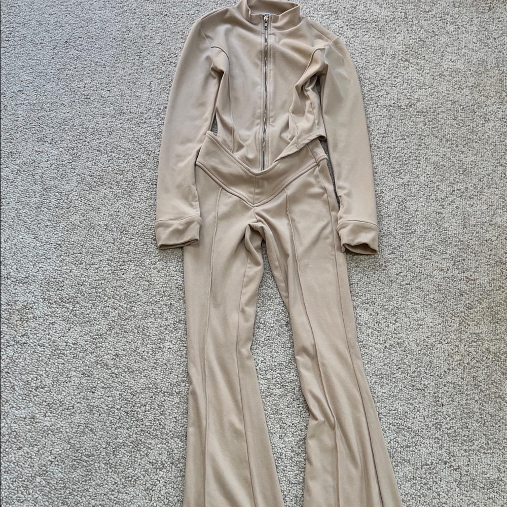 Fashion Nova Neutral Beige Zip-Front Flared Jumpsuit